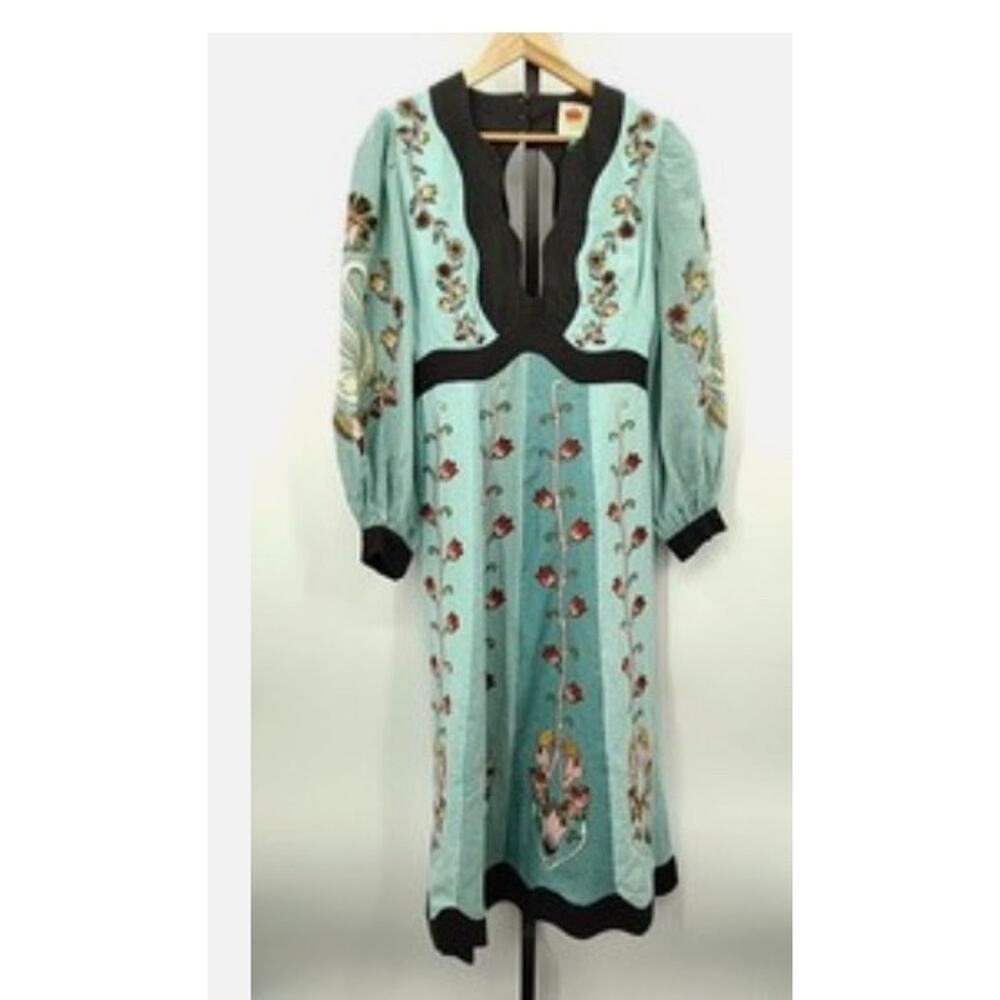 New! Farm Rio Flowing Beauty Blue Embroidered Long Sleeve  A-Linen Dress SzS - Picture 10 of 11